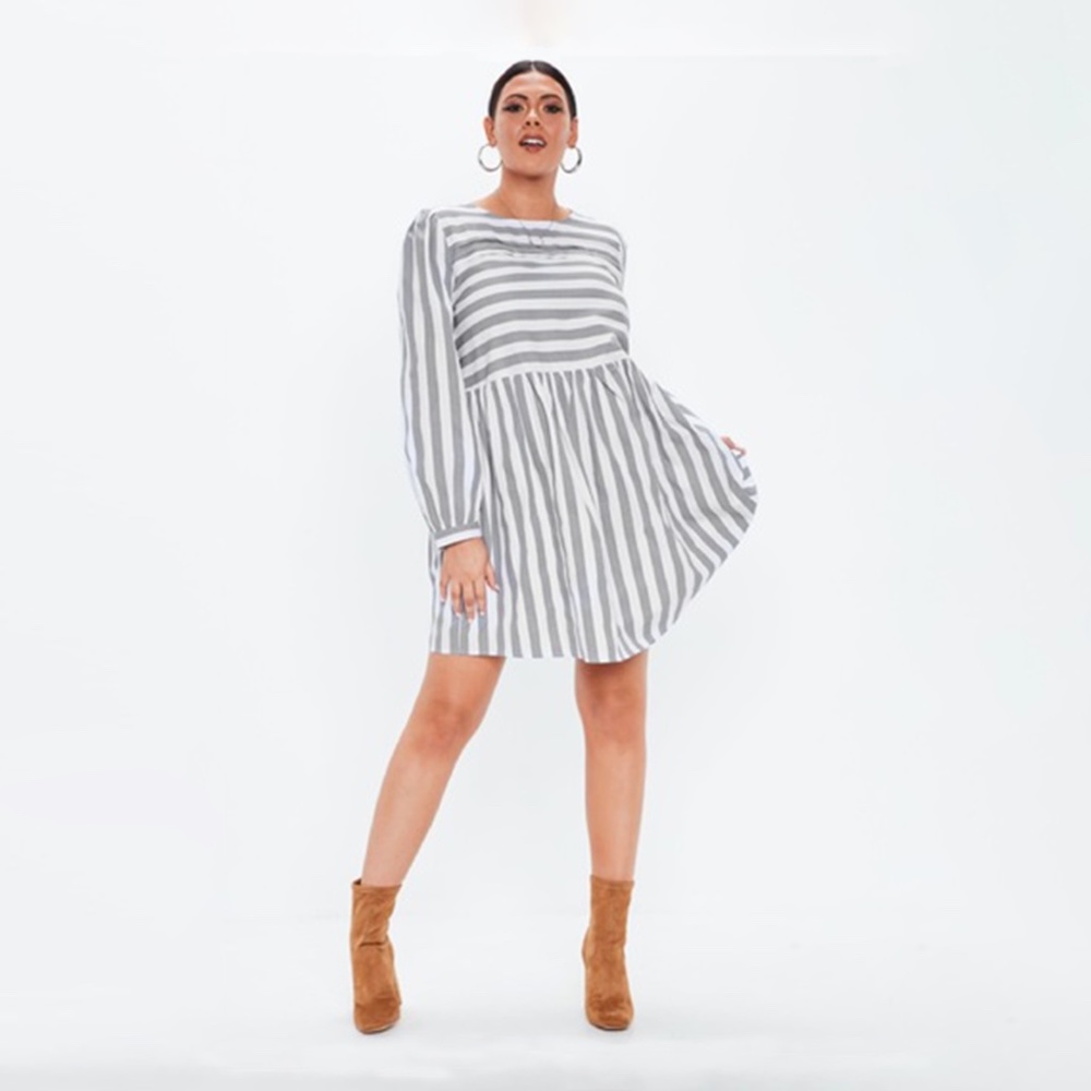 Missguided Gray Stripe Long Sleeve Skater Dress